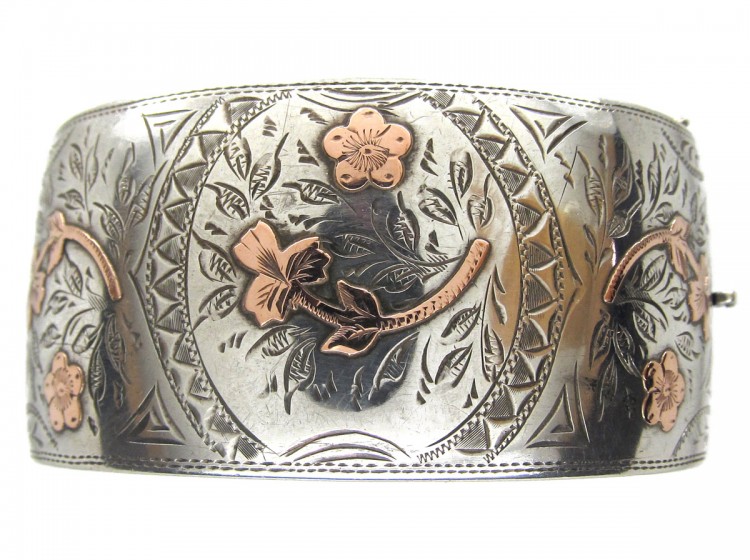 Victorian Flower & Shamrock Silver & Gold Overlay Bangle