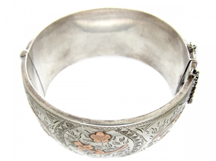 Victorian Flower & Shamrock Silver & Gold Overlay Bangle