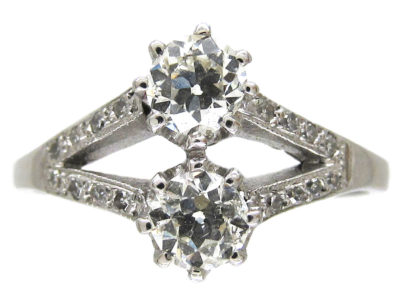 Two Stone White Gold Diamond Art Deco Ring