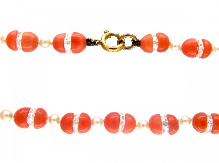 Coral, Natural Pearl & Rock Crystal Beaded Necklace