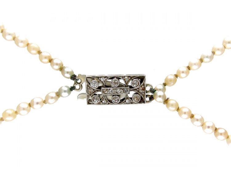 Two Row Graduated Pearl Necklace with Diamond Clasp