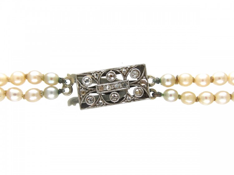 Two Row Graduated Pearl Necklace with Diamond Clasp