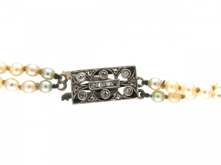 Two Row Graduated Pearl Necklace with Diamond Clasp