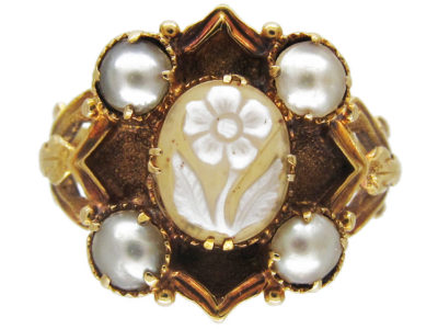 Hardstone Flower & Natural Pearl Late Georgian Ring