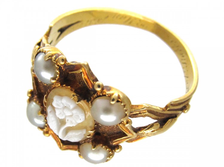 Hardstone Flower & Natural Pearl Late Georgian Ring
