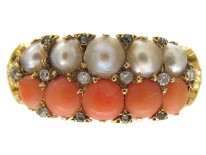 Coral Diamond & Natural Split Pearl Victorian Ring