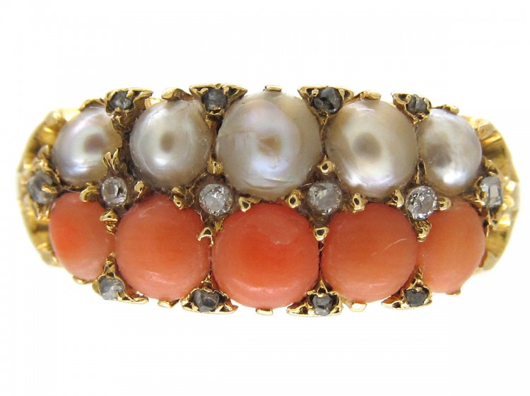 Coral Diamond & Natural Split Pearl Victorian Ring