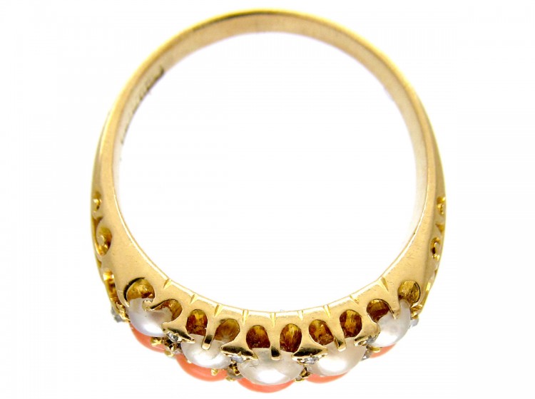 Coral Diamond & Natural Split Pearl Victorian Ring