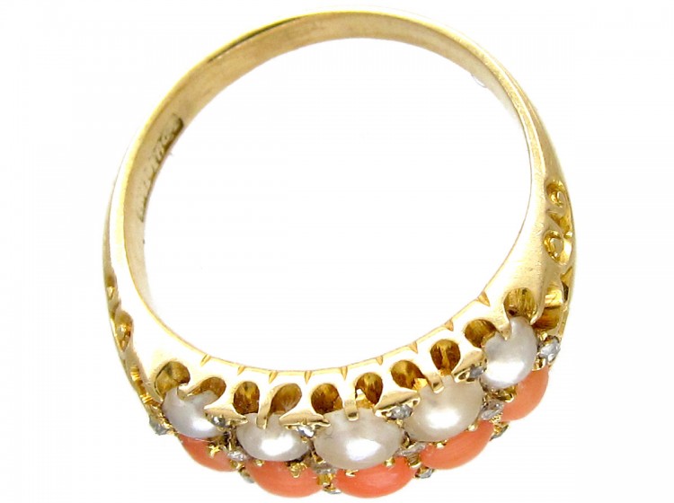 Coral Diamond & Natural Split Pearl Victorian Ring