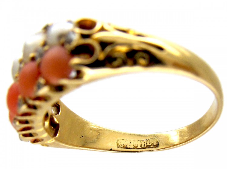 Coral Diamond & Natural Split Pearl Victorian Ring