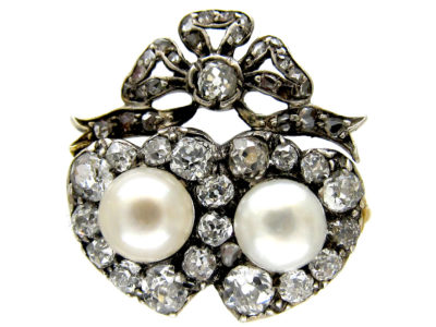 Victorian Double Heart Diamond & Natural Pearl Ring