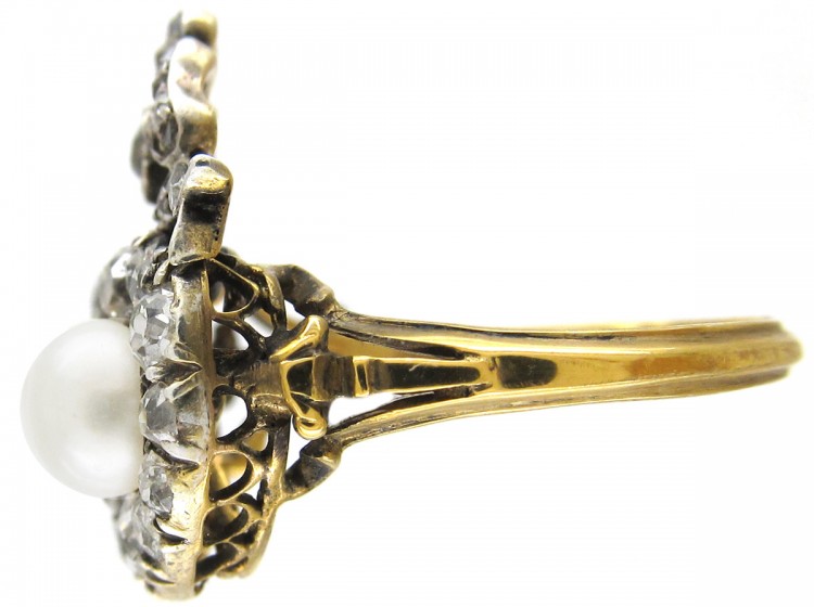 Victorian Double Heart Diamond & Natural Pearl Ring