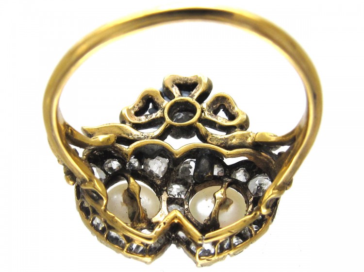 Victorian Double Heart Diamond & Natural Pearl Ring