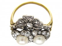 Victorian Double Heart Diamond & Natural Pearl Ring
