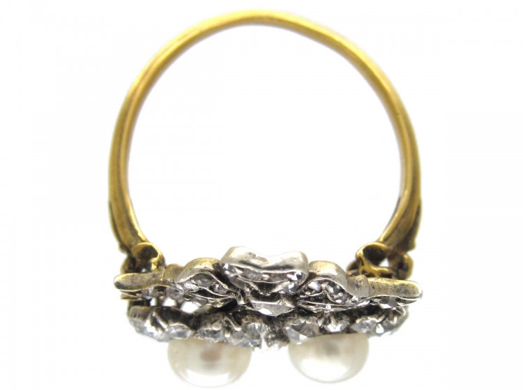 Victorian Double Heart Diamond & Natural Pearl Ring