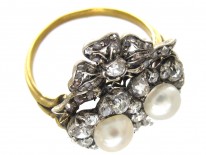 Victorian Double Heart Diamond & Natural Pearl Ring