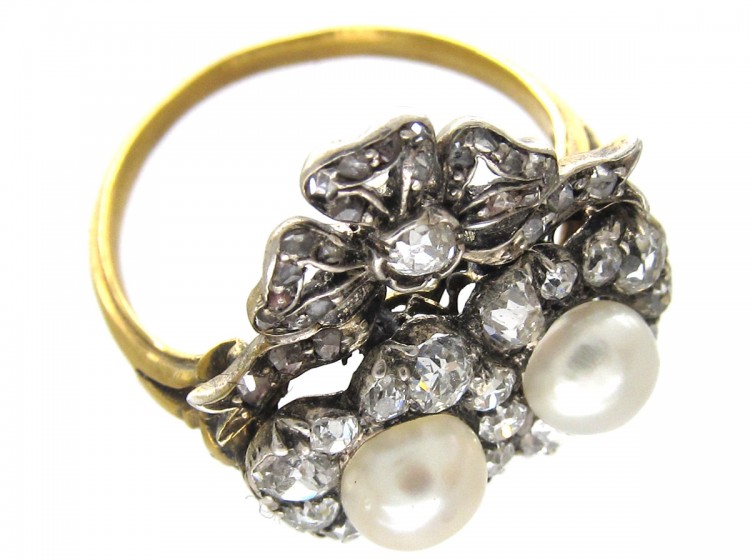 Victorian Double Heart Diamond & Natural Pearl Ring