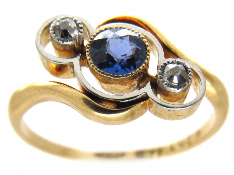 Art Nouveau Sapphire & Diamond Crossover Ring