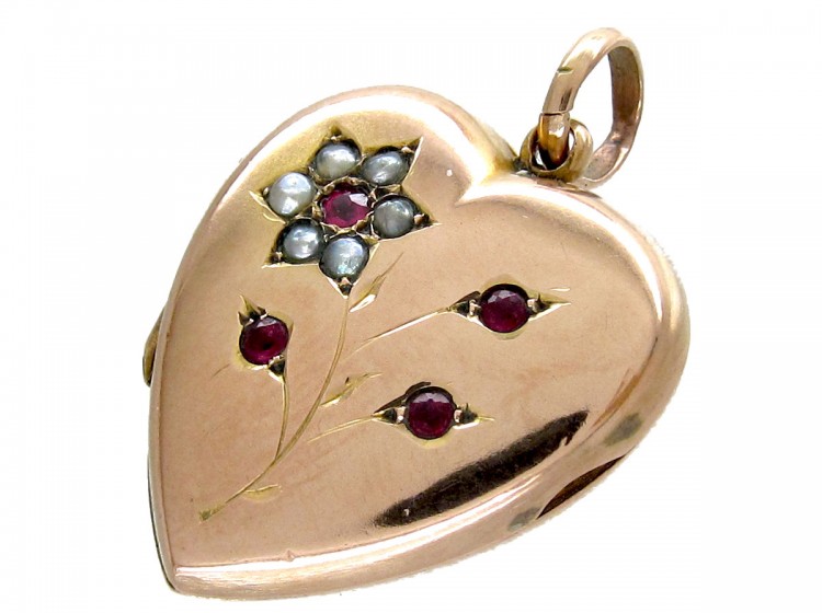 Garnet & Pearl Flower Heart Locket