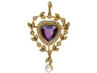 Edwardian Amethyst & Natural Split Pearl Heart Shaped Pendant
