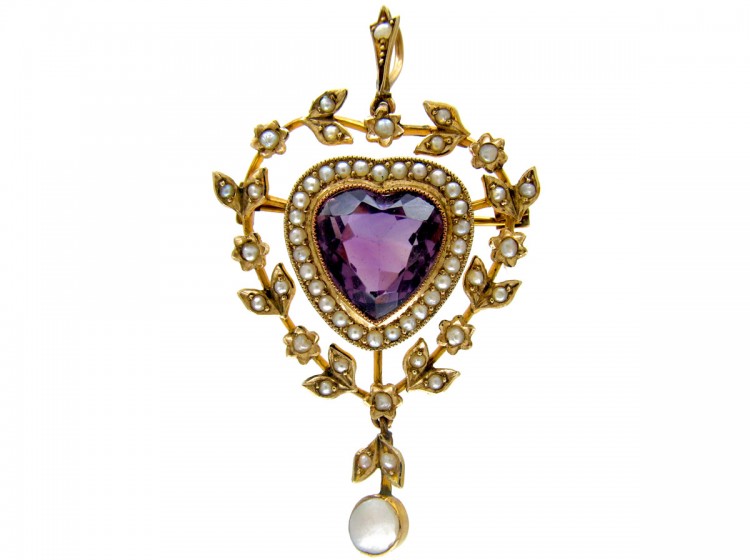 Edwardian Amethyst & Natural Split Pearl Heart Shaped Pendant