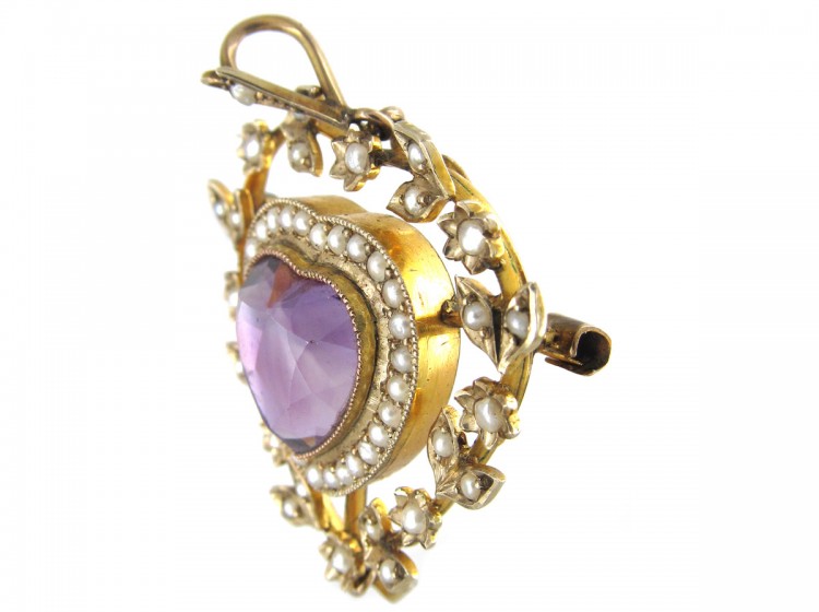 Edwardian Amethyst & Natural Split Pearl Heart Shaped Pendant
