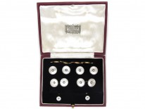 9ct & Platinum, Mother of Pearl, Onyx & Pearl Art Deco Dress Set in Original Harrods Case