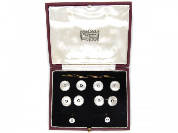 9ct & Platinum, Mother of Pearl, Onyx & Pearl Art Deco Dress Set in Original Harrods Case
