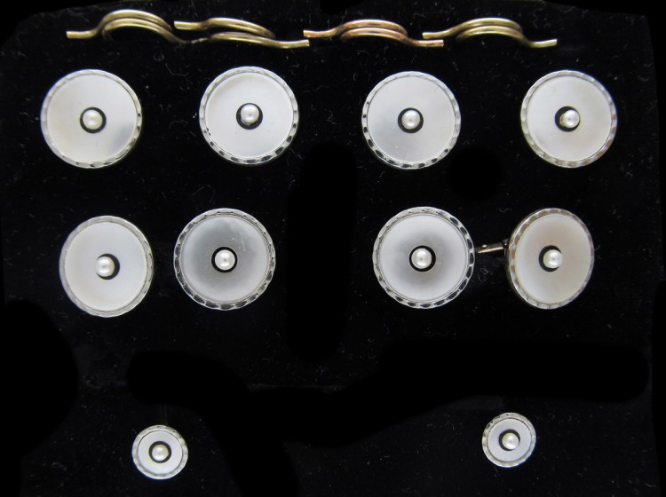 9ct & Platinum, Mother of Pearl, Onyx & Pearl Art Deco Dress Set in Original Harrods Case
