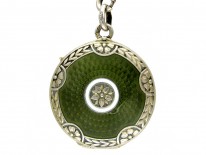 Art Deco Green Enamel & Silver Pendant on Original Chain