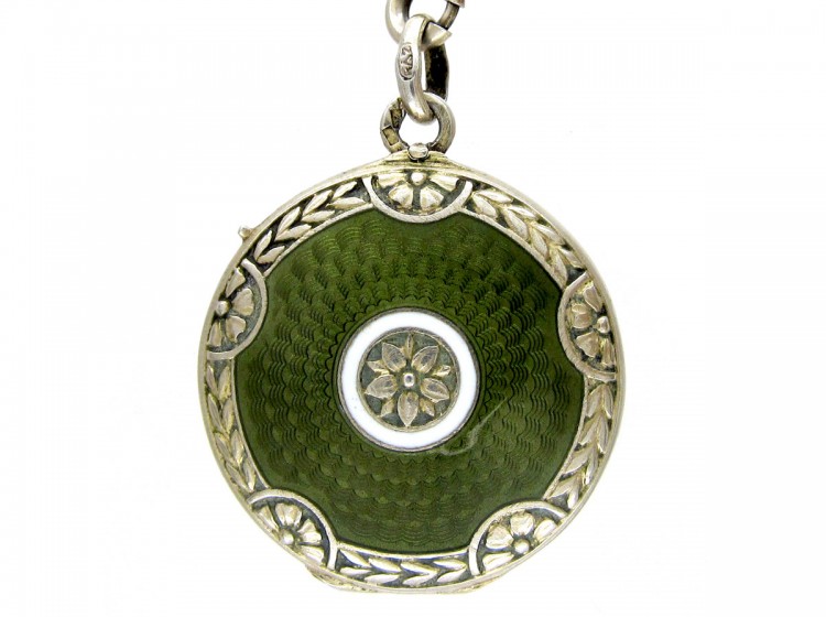 Art Deco Green Enamel & Silver Pendant on Original Chain