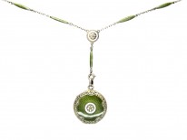 Art Deco Green Enamel & Silver Pendant on Original Chain