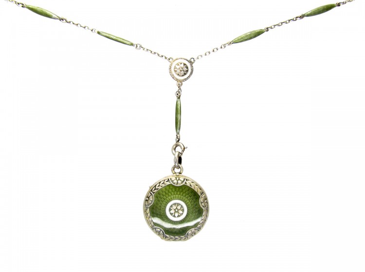 Art Deco Green Enamel & Silver Pendant on Original Chain
