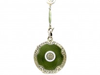 Art Deco Green Enamel & Silver Pendant on Original Chain