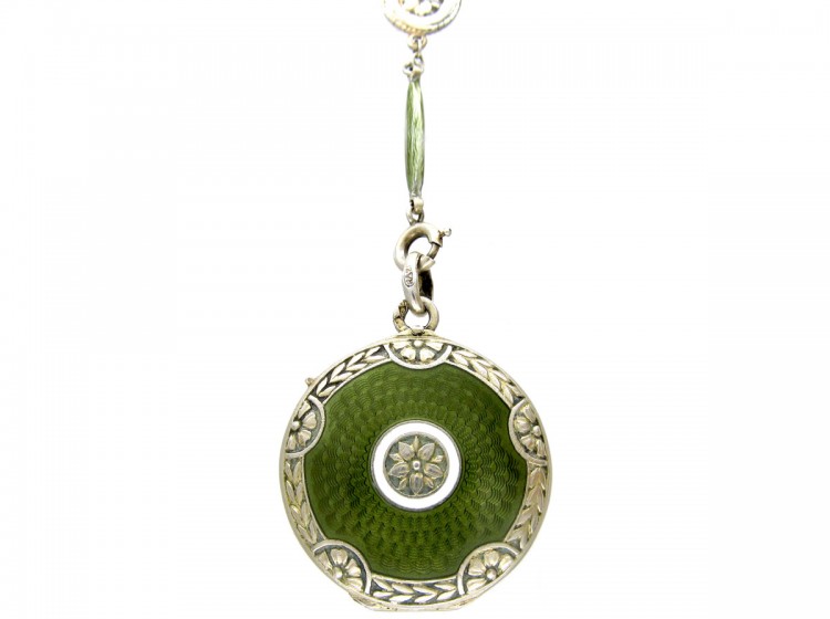 Art Deco Green Enamel & Silver Pendant on Original Chain