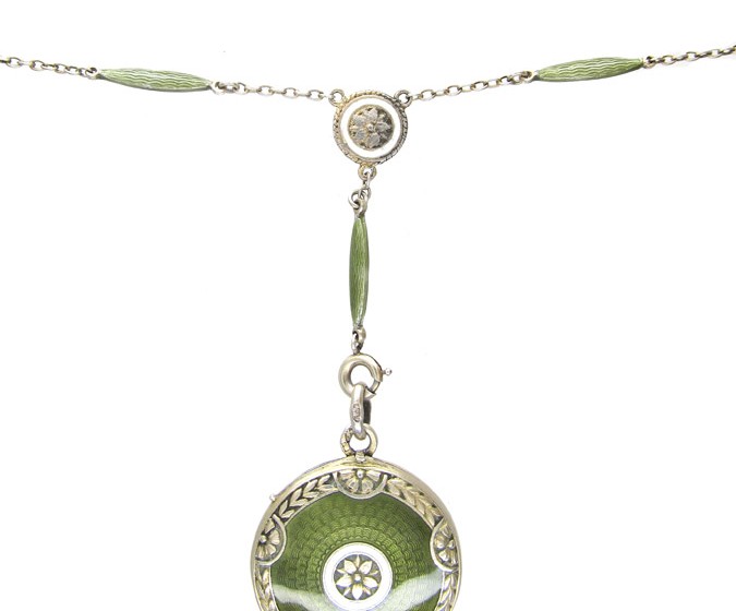 Art Deco Green Enamel & Silver Pendant on Original Chain