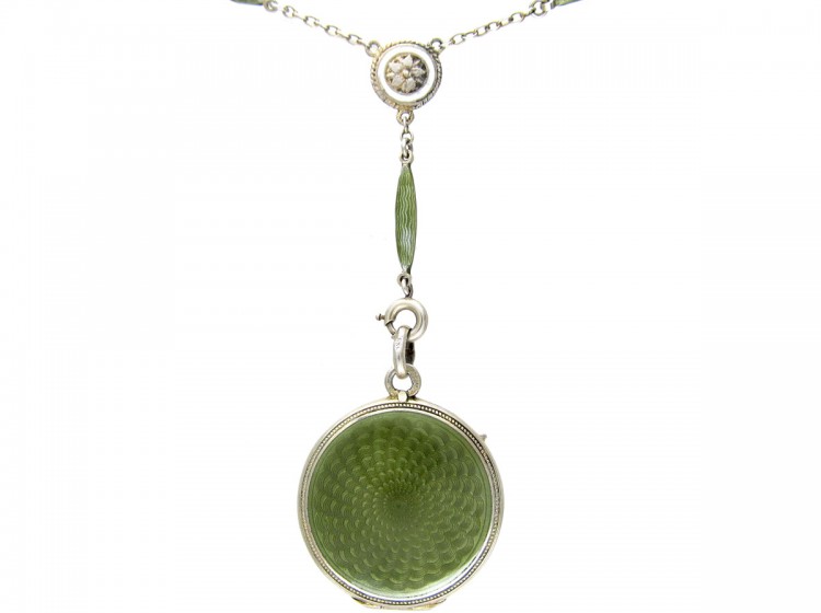 Art Deco Green Enamel & Silver Pendant on Original Chain