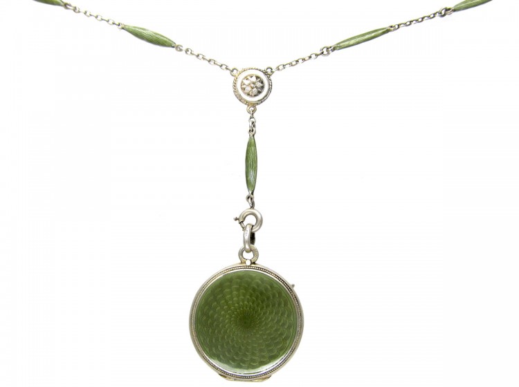 Art Deco Green Enamel & Silver Pendant on Original Chain
