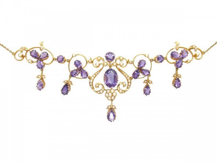 15ct Gold Amethyst & Natural Pearl Edwardian Necklace