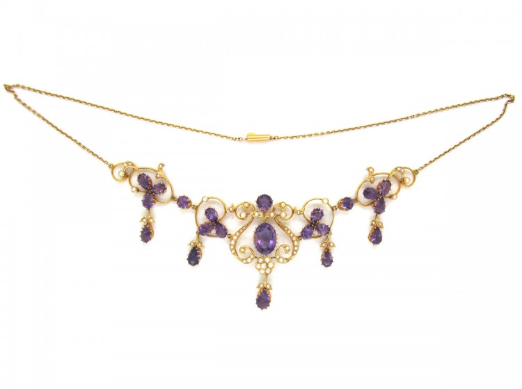 15ct Gold Amethyst & Natural Pearl Edwardian Necklace