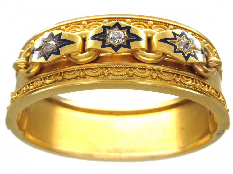 Victorian 18ct Gold Diamond & Enamel Bangle