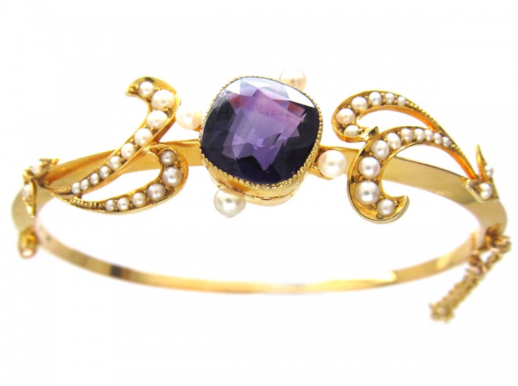 15ct Gold Amethyst & Natural Split Pearls Bangle