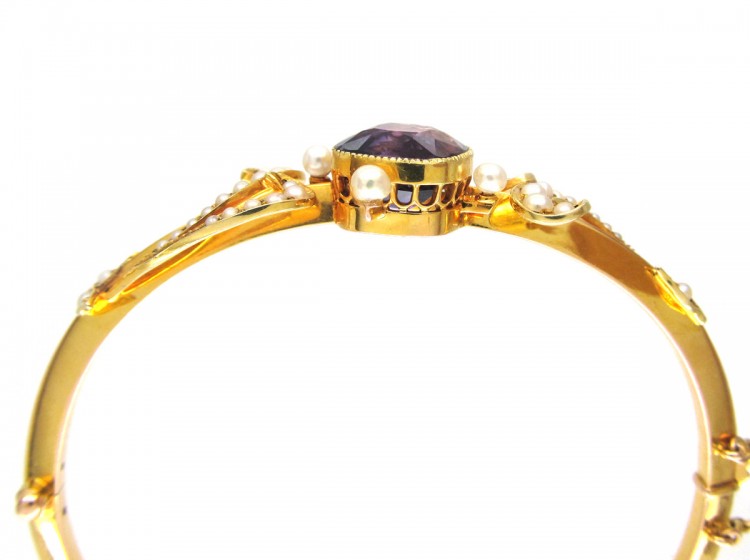 15ct Gold Amethyst & Natural Split Pearls Bangle