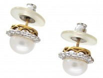 Platinum & 18ct Gold Pearl & Diamond Cluster Earrings