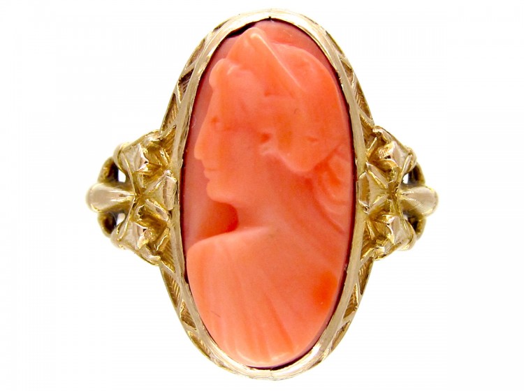 Art Nouveau Gold & Carved Coral Egyptian Revival Ring