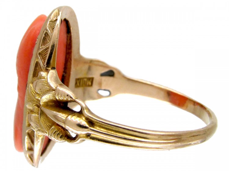 Art Nouveau Gold & Carved Coral Egyptian Revival Ring