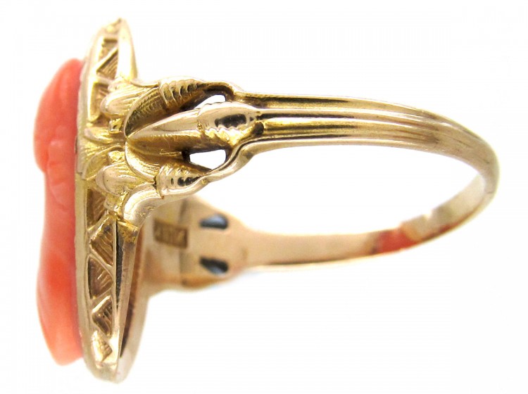 Art Nouveau Gold & Carved Coral Egyptian Revival Ring