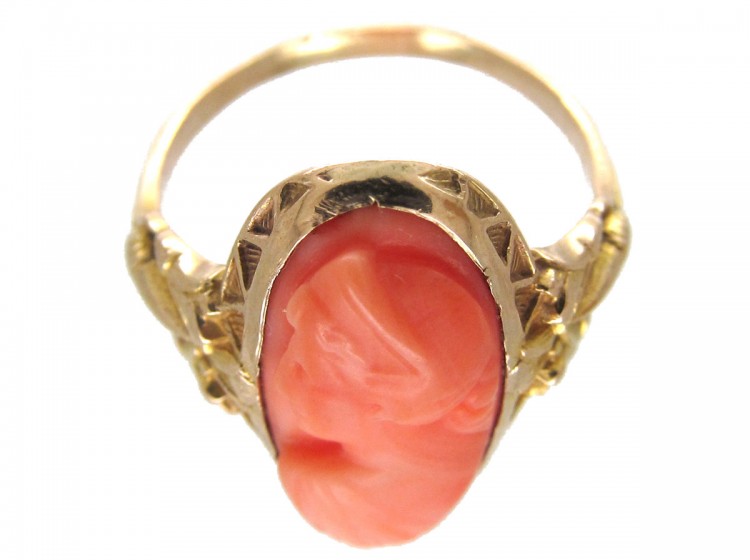 Art Nouveau Gold & Carved Coral Egyptian Revival Ring