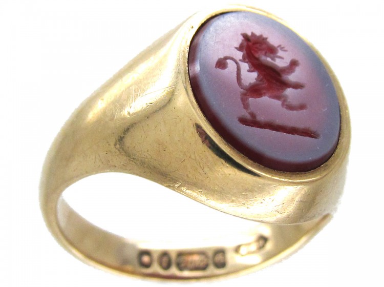 Lion Carnelian Intaglio 9ct Gold Signet Ring