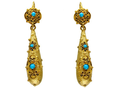 Gold Georgian Turquoise Set Drop Earrings